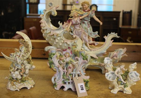 Continental porcelain figural centrepiece & 3 others